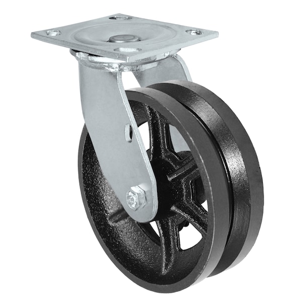 6"x2" V-Groove Wheel, Swivel Caster, Plate Size: 4-1/2"x6-1/4" ,